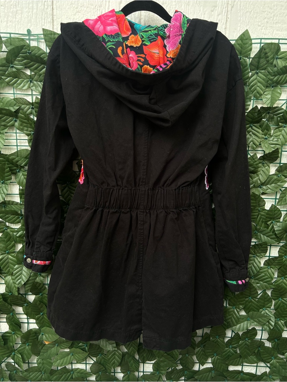 Imported Mexican Embroidered Trench Coat with Floral Hood Lining - Picture 5 of 7